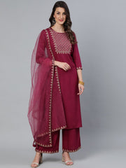 Women Burgundy Embroidered Straight Kurta Plazzo & Organza Dupatta