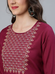 Women Burgundy Embroidered Straight Kurta Plazzo & Organza Dupatta