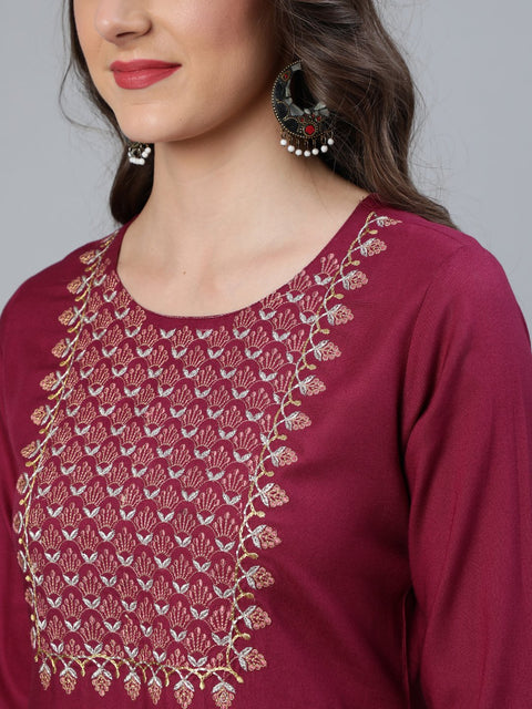 Women Burgundy Embroidered Straight Kurta Plazzo & Organza Dupatta