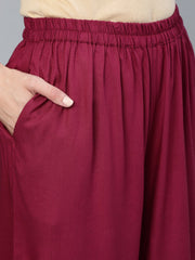 Women Burgundy Embroidered Straight Kurta Plazzo & Organza Dupatta