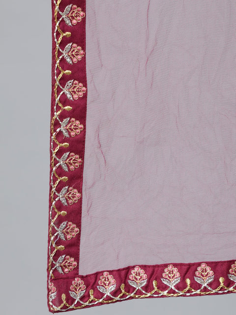 Women Burgundy Embroidered Straight Kurta Plazzo & Organza Dupatta