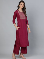 Women Burgundy Embroidered Straight Kurta Plazzo & Organza Dupatta
