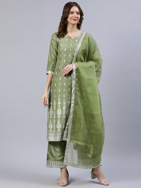 Women Olive Green Foil Printed Straight Kurta Plazzo & Organza Dupatta