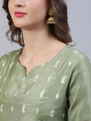 Women Olive Green Foil Printed Straight Kurta Plazzo & Organza Dupatta