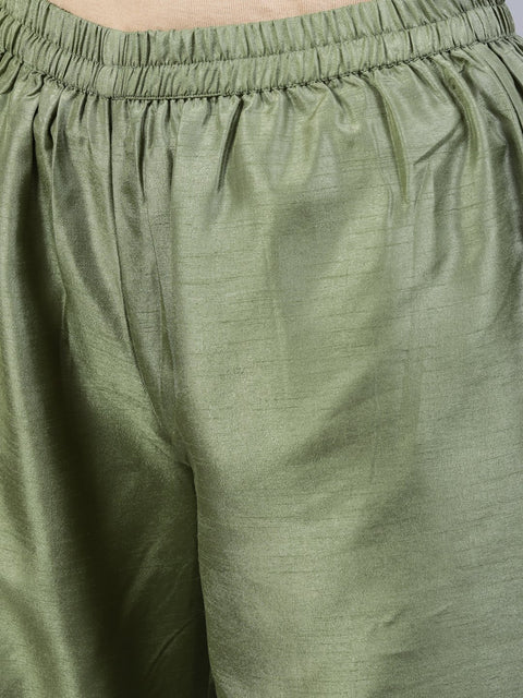 Women Olive Green Foil Printed Straight Kurta Plazzo & Organza Dupatta