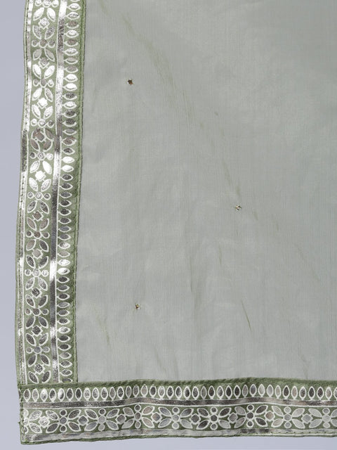 Women Olive Green Foil Printed Straight Kurta Plazzo & Organza Dupatta