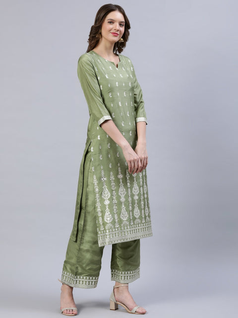 Women Olive Green Foil Printed Straight Kurta Plazzo & Organza Dupatta