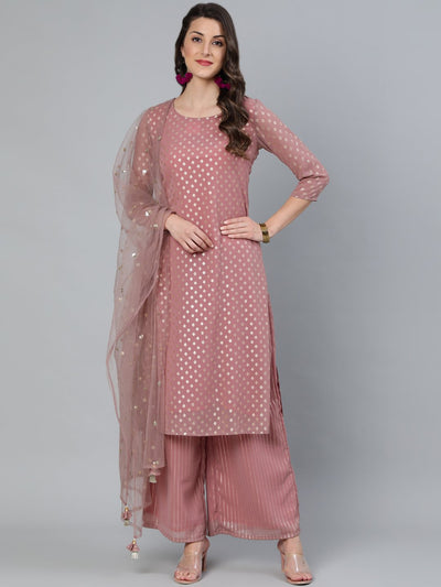 Women Mauve Foil Printed Straight Kurta Plazzo & Sequence Net Dupatta