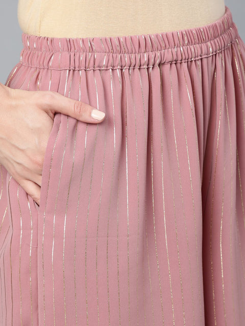 Women Mauve Foil Printed Straight Kurta Plazzo & Sequence Net Dupatta