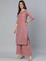 Women Mauve Foil Printed Straight Kurta Plazzo & Sequence Net Dupatta