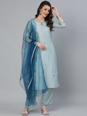 Women Pastel Blue Embroideres Straight Kurta Plazzo & Net Dupatta