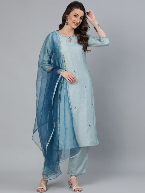 Women Pastel Blue Embroideres Straight Kurta Plazzo & Net Dupatta