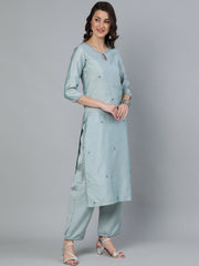 Women Pastel Blue Embroideres Straight Kurta Plazzo & Net Dupatta