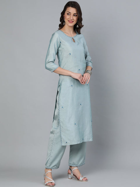Women Pastel Blue Embroideres Straight Kurta Plazzo & Net Dupatta