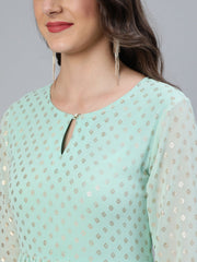 Women Pastel Green Foil Printed Tired Dress With Pink Embroidered Dupatta