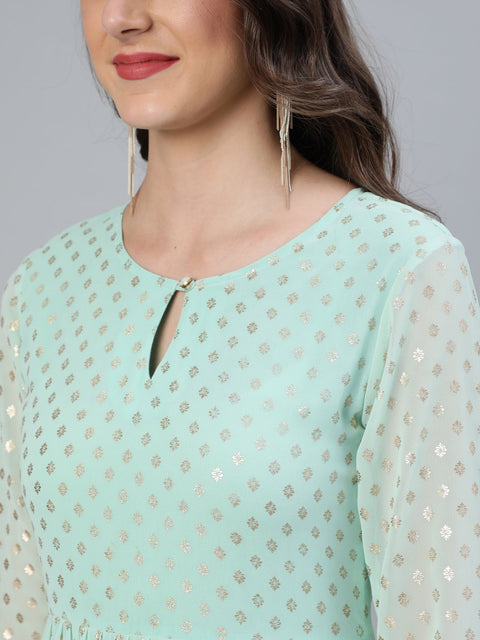 Women Pastel Green Foil Printed Tired Dress With Pink Embroidered Dupatta