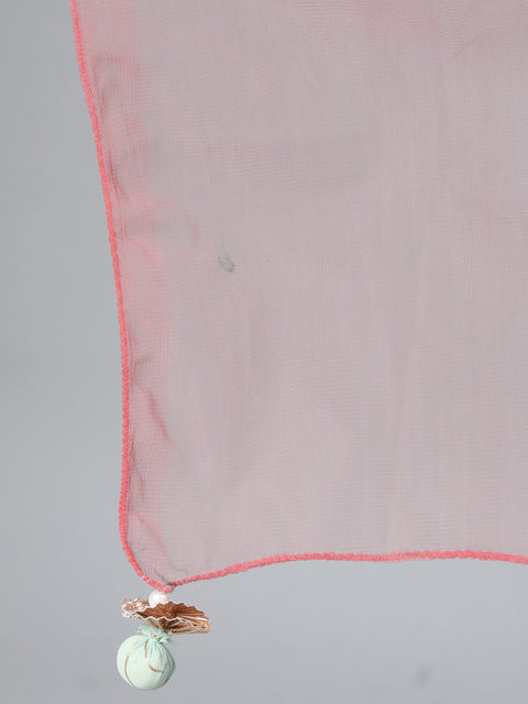 Women Pastel Green Foil Printed Tired Dress With Pink Embroidered Dupatta