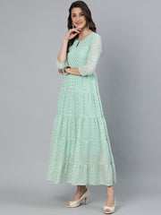 Women Pastel Green Foil Printed Tired Dress With Pink Embroidered Dupatta