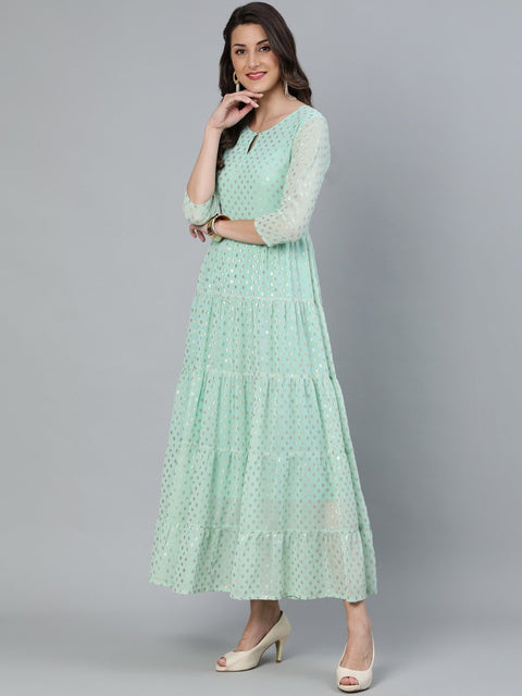 Women Pastel Green Foil Printed Tired Dress With Pink Embroidered Dupatta