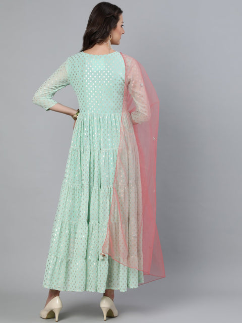 Women Pastel Green Foil Printed Tired Dress With Pink Embroidered Dupatta