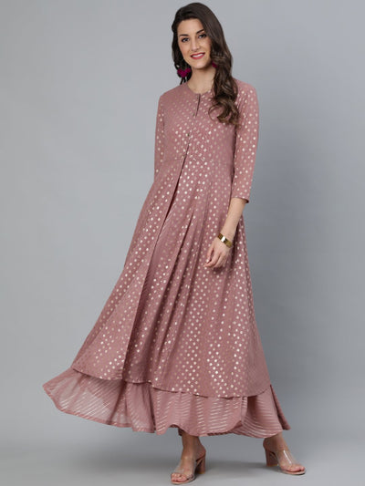 Women Mauve Foil Printed Dress With Three Quater Sleeves Jacket