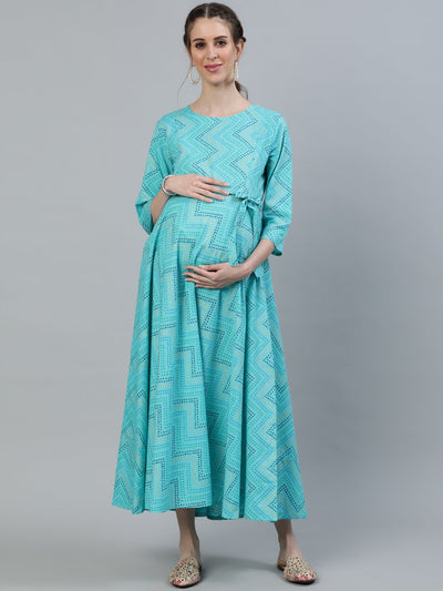 Women Blue Printed Maternity Dress With Three quarter sleeves