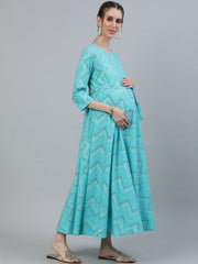 Women Blue Printed Maternity Dress With Three quarter sleeves