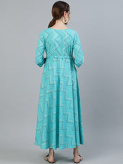 Women Blue Printed Maternity Dress With Three quarter sleeves