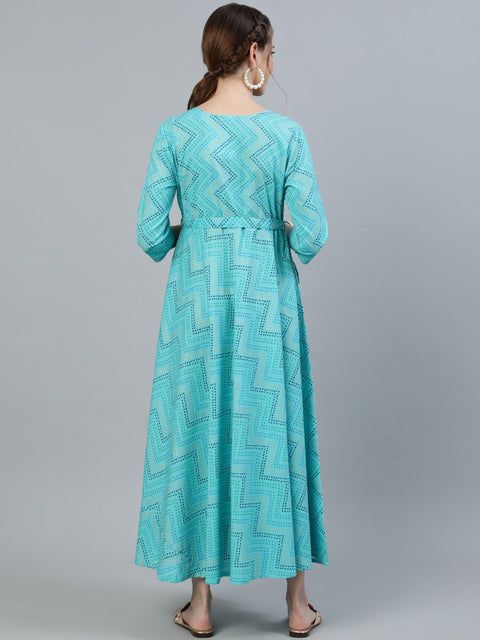 Women Blue Printed Maternity Dress With Three quarter sleeves
