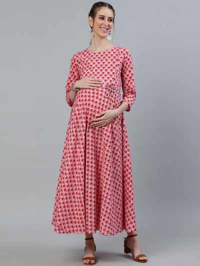 Women Pink Printed Maternity Dress With Three quarter sleeves