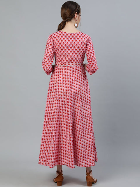 Women Pink Printed Maternity Dress With Three quarter sleeves