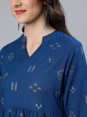 Women Teal Blue & Gold Printed Dress With Three Quarter Sleeves