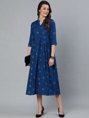 Women Teal Blue & Gold Printed Dress With Three Quarter Sleeves