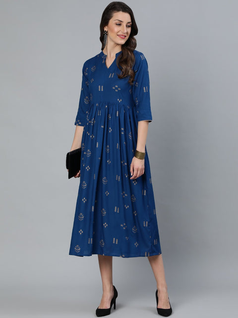 Women Teal Blue & Gold Printed Dress With Three Quarter Sleeves