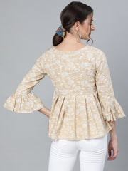 WomenBeige & Off-White Floral Printed Top With Round Neck & Three Quarter Sleeves