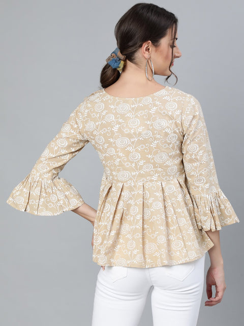 WomenBeige & Off-White Floral Printed Top With Round Neck & Three Quarter Sleeves