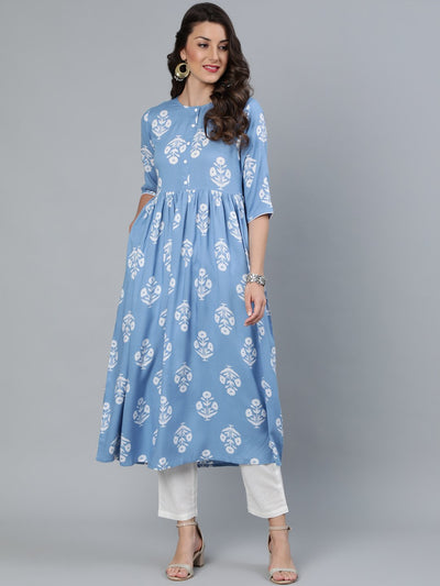 Women Blue Three Quarter Sleeves Straight Kurta With Trouser