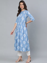 Women Blue Three Quarter Sleeves Straight Kurta With Trouser