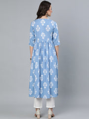 Women Blue Three Quarter Sleeves Straight Kurta With Trouser