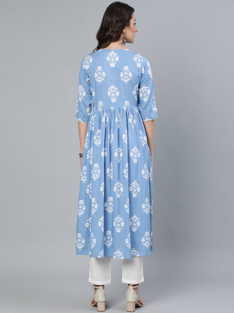 Women Blue Three Quarter Sleeves Straight Kurta With Trouser