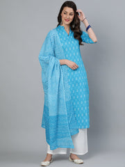 Women Sky Blue Straight Bandhani Printed Kurta With Plazzo & Dupatta