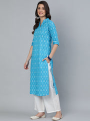 Women Sky Blue Straight Bandhani Printed Kurta With Plazzo & Dupatta