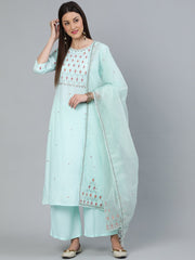 Women Sea Green Straight Embroidered Kurta With Plazzo & Dupatta