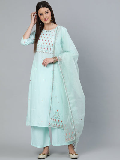 Women Sea Green Straight Embroidered Kurta With Plazzo & Dupatta
