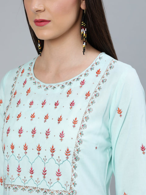 Women Sea Green Straight Embroidered Kurta With Plazzo & Dupatta