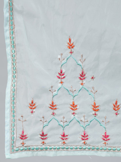Women Sea Green Straight Embroidered Kurta With Plazzo & Dupatta