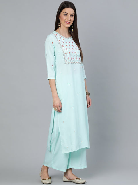 Women Sea Green Straight Embroidered Kurta With Plazzo & Dupatta