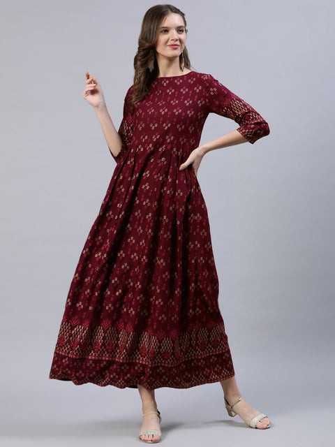 Women Burgundy Printed Dress With Three Quarter Sleeves