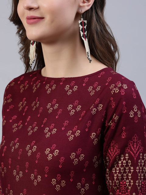 Women Burgundy Printed Dress With Three Quarter Sleeves