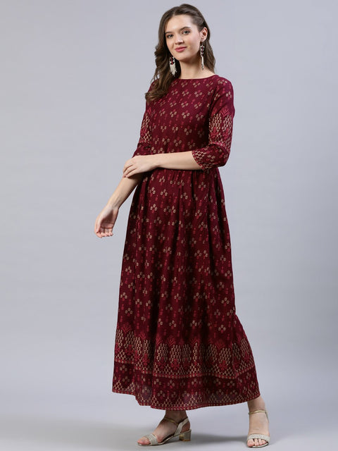 Women Burgundy Printed Dress With Three Quarter Sleeves